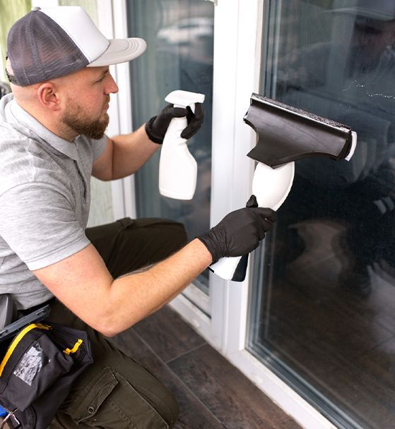 Man wearing a cap and gloves cleans a window with a spray bottle and squeegee.