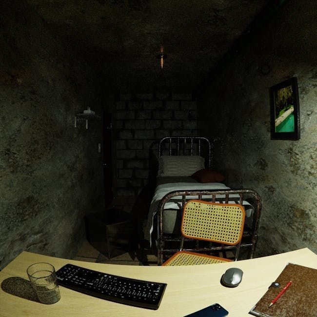 A dimly lit, cramped room with a bed, desk, and toilet. A keyboard, mouse, and glass sit on the desk.