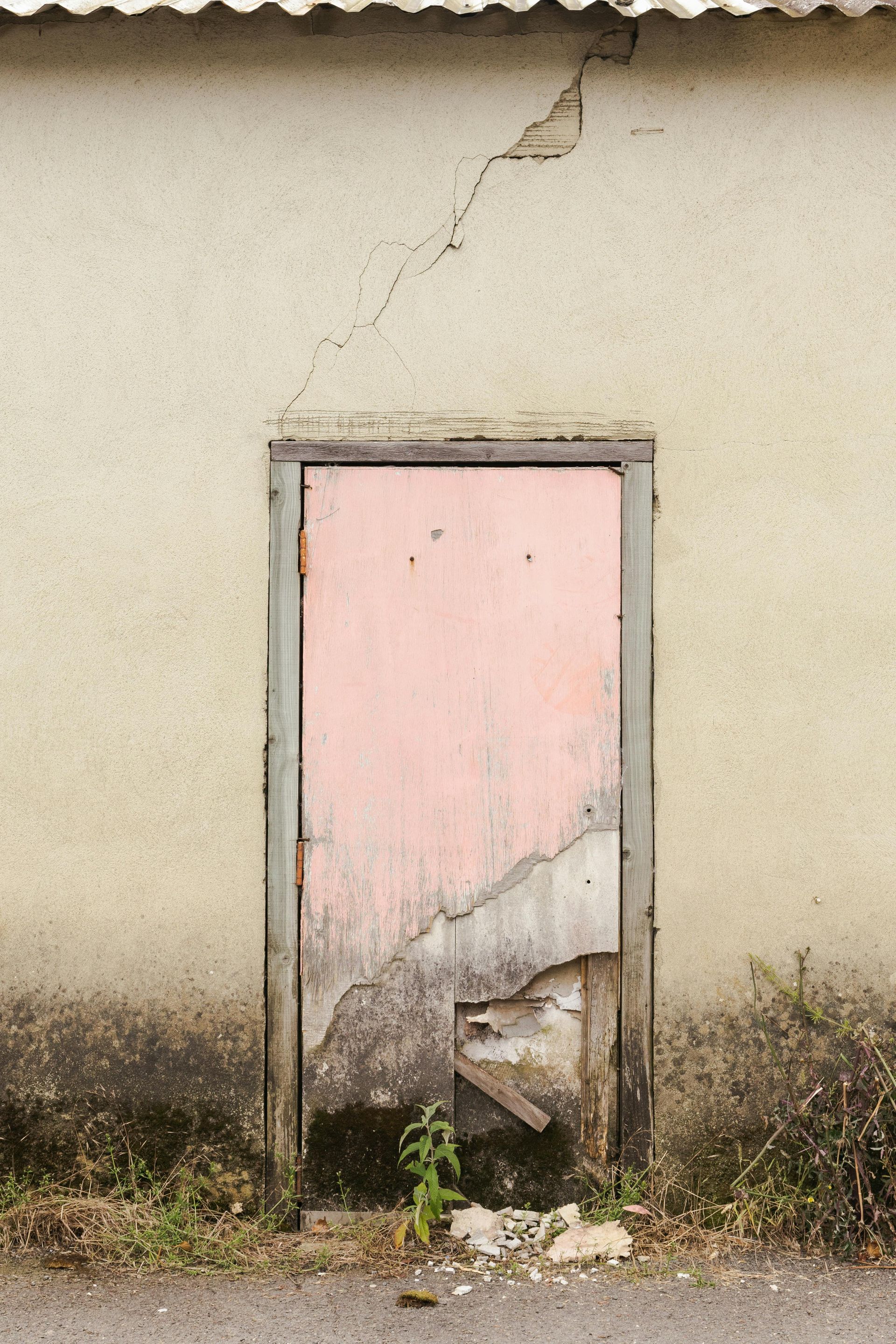 Pink-painted, boarded-up doorway in weathered wall with crack. Grass and weeds at base.