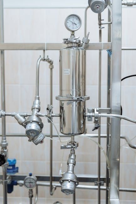 Stainless steel industrial equipment with gauges and pipes.