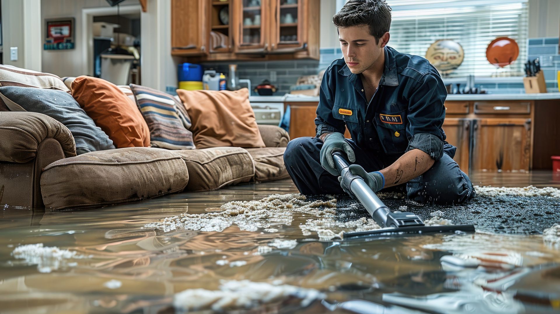 Man in work clothes vacuuming up water from a flooded living room.