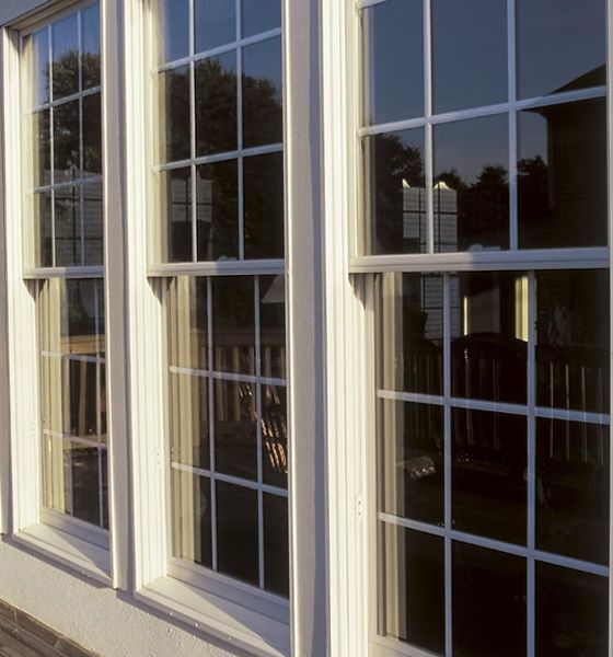 A house with a lot of windows and a reflection of trees