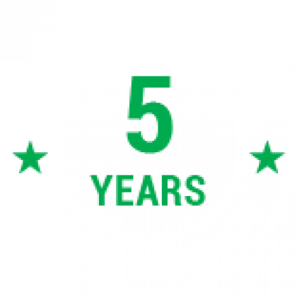 A green sign that says `` 5 years '' with two green stars.