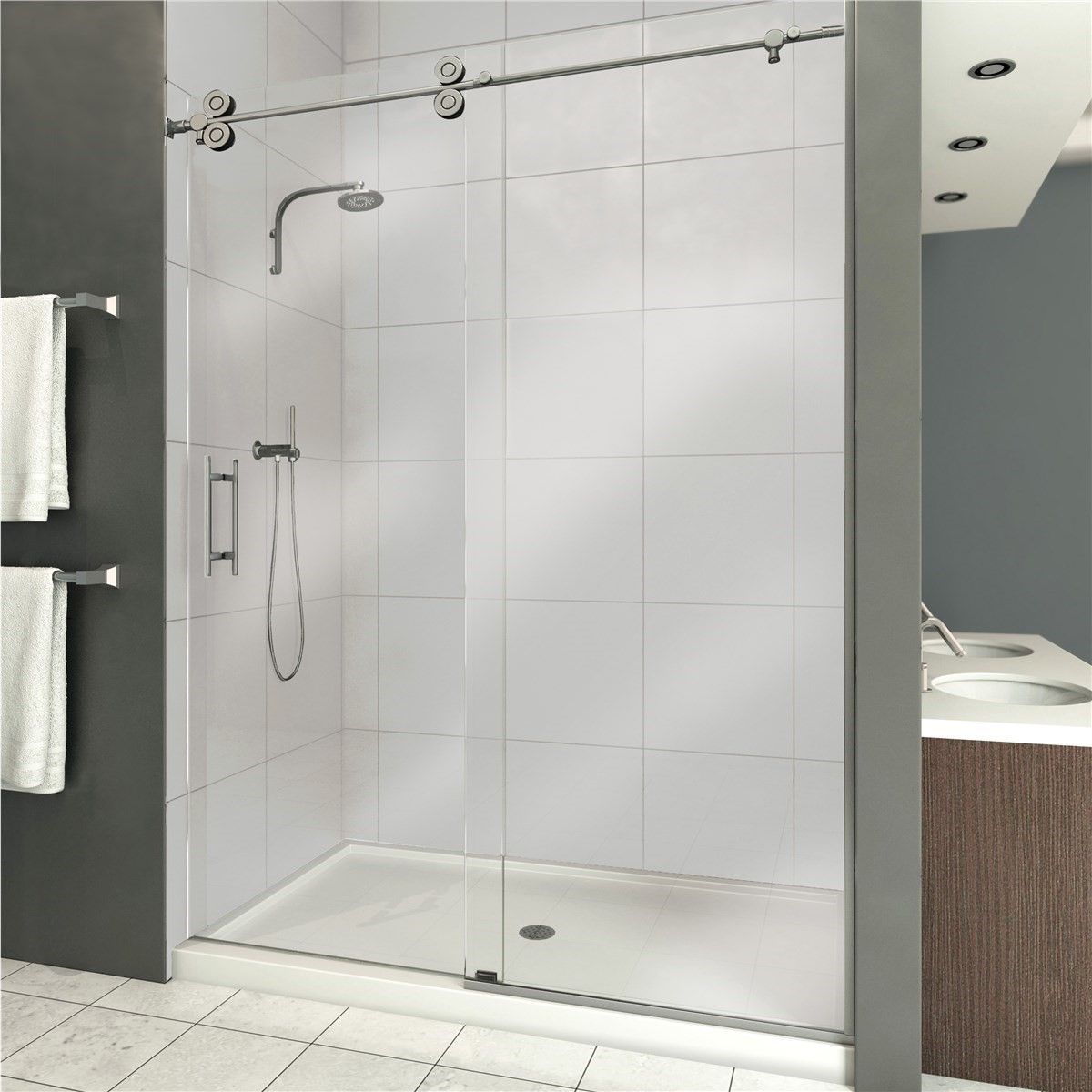 A bathroom with a sliding glass shower door