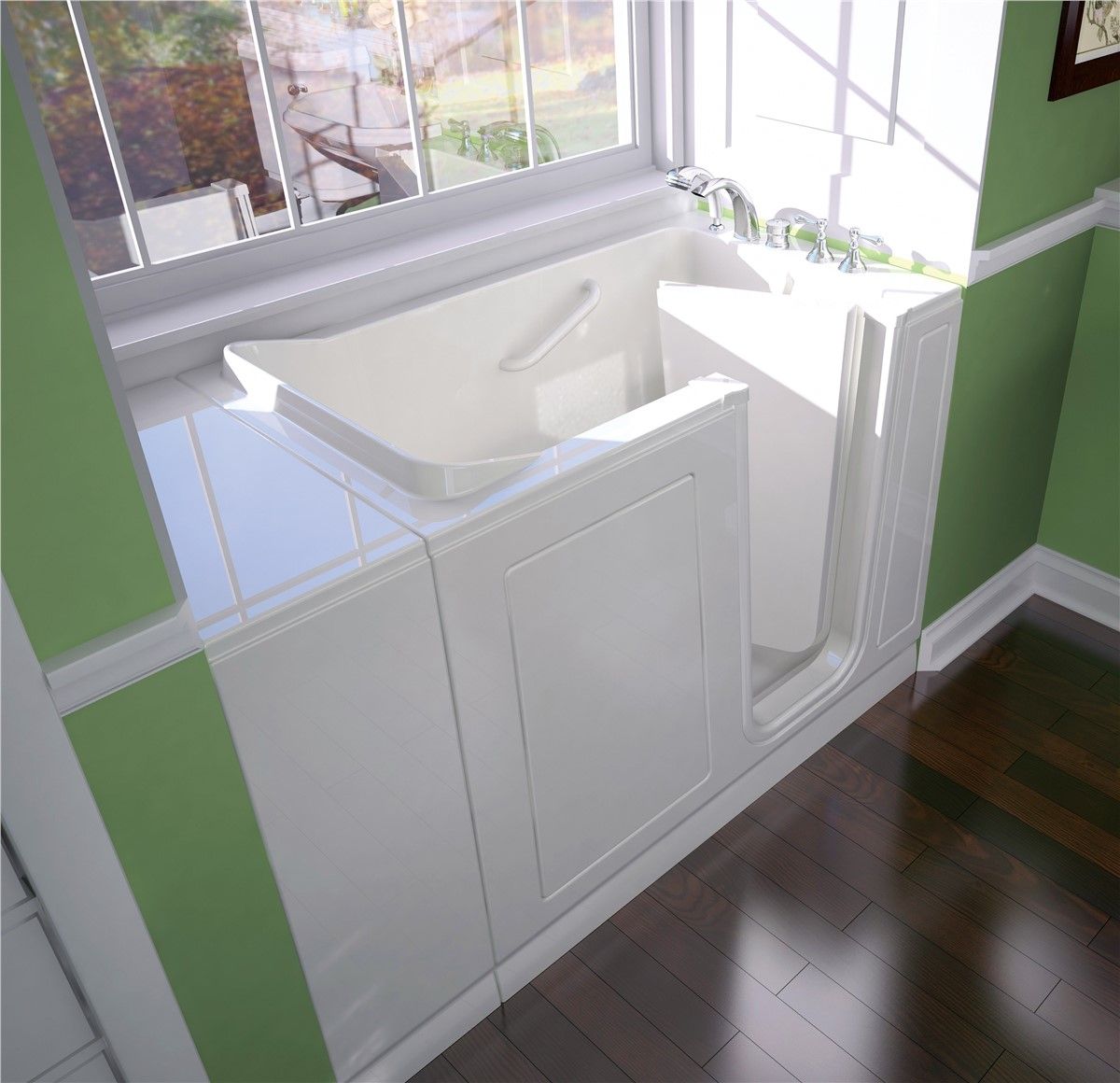 A walk in tub in a bathroom next to a window