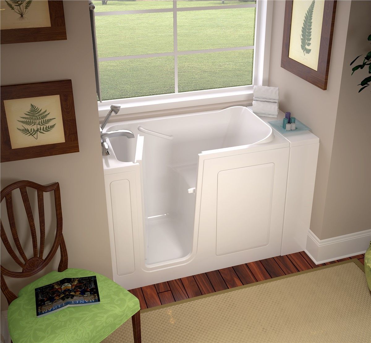 A bathroom with a walk in tub and a chair
