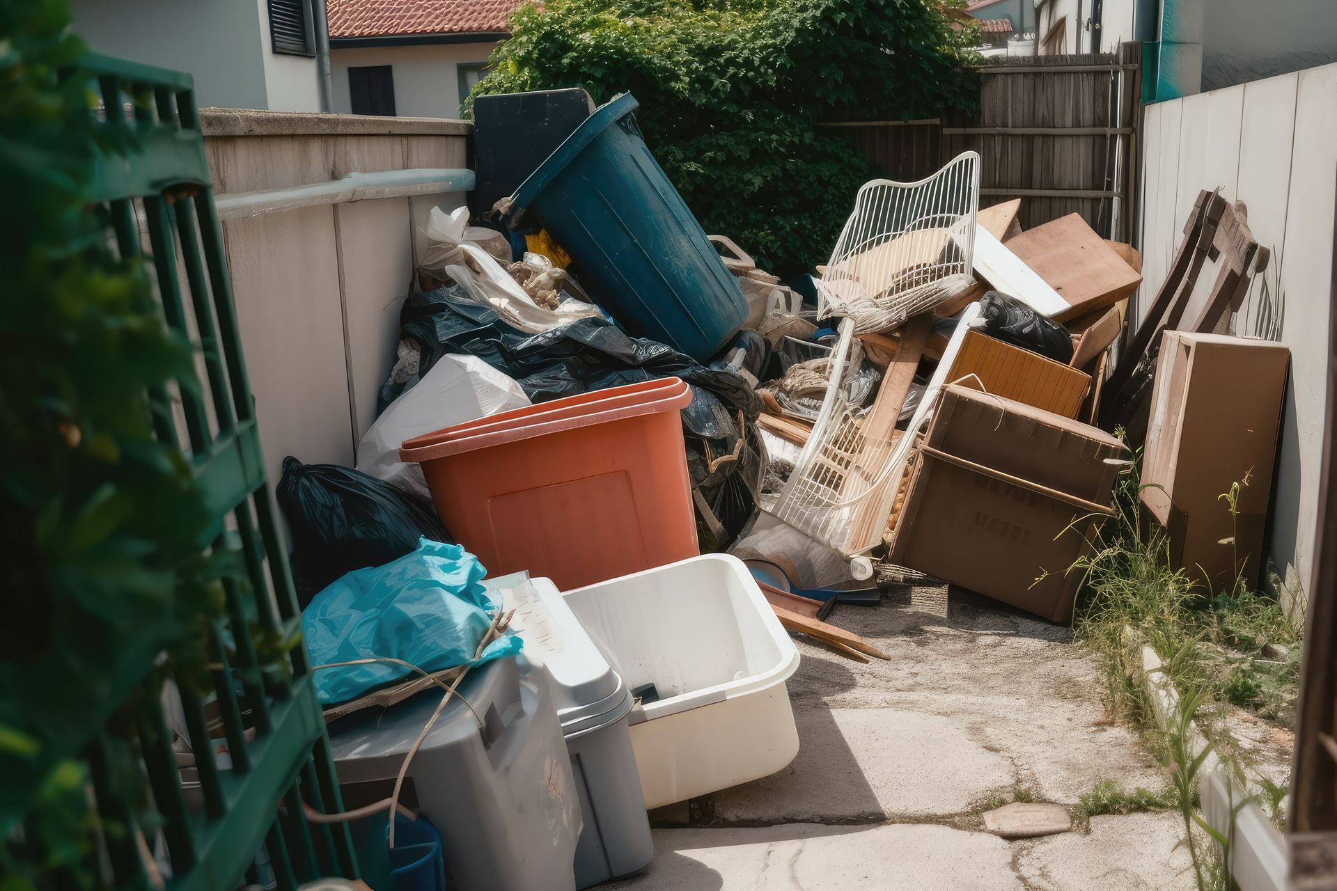 A cluttered outdoor space filled with plastic bins, cardboard boxes, and bags of trash on a paved walkway. A cluttered outdoor space filled with plastic bins, cardboard boxes, and bags of trash on a paved walkway.