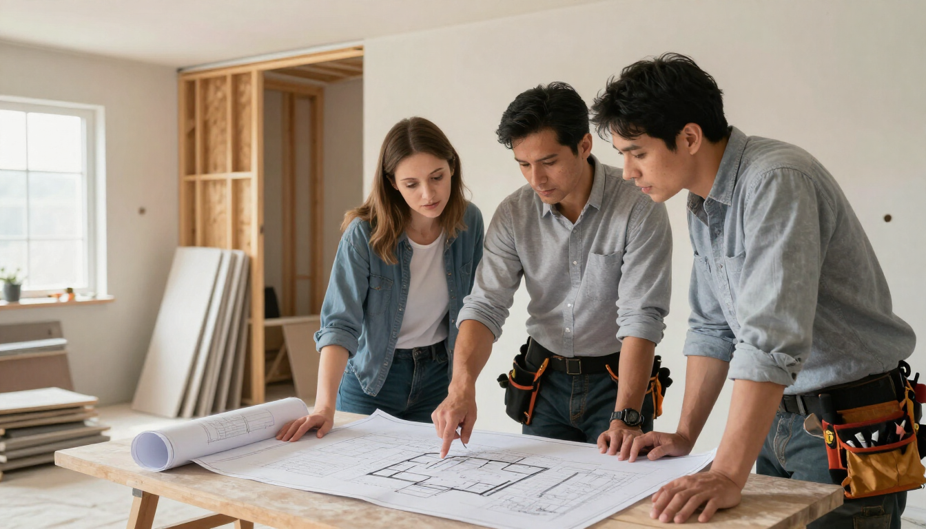Contractor reviewing remodel plans with homeowners