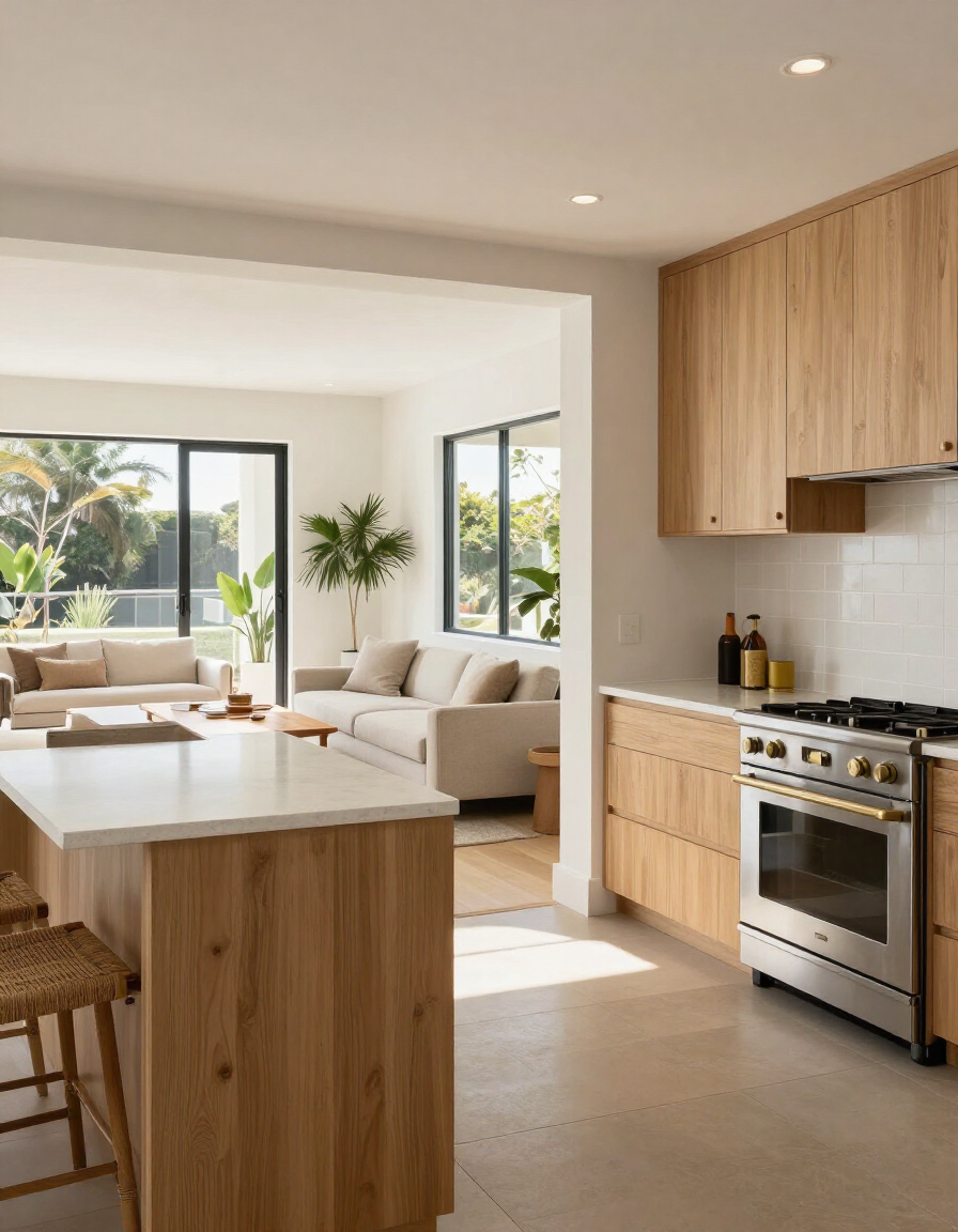 Bright, remodeled open-concept kitchen and living room