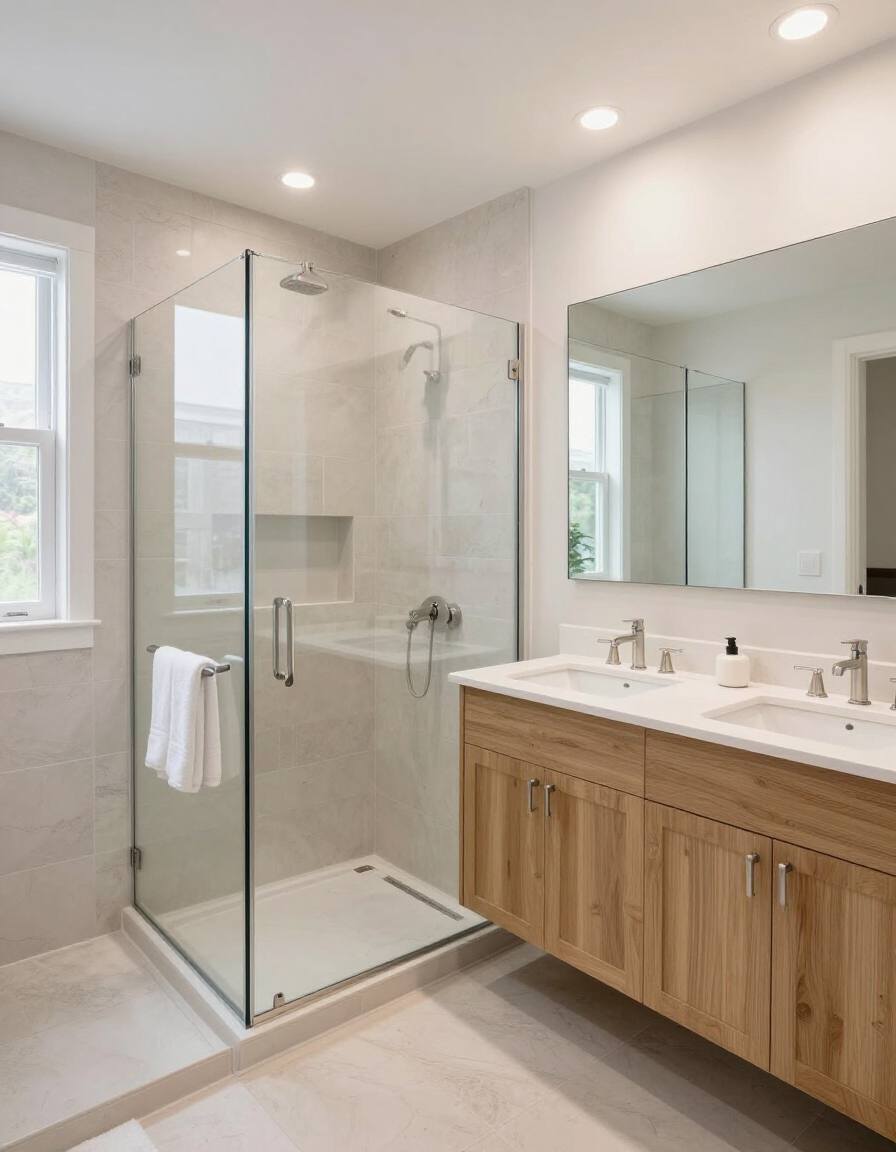 Bright, newly remodeled bathroom with walk-in shower and vanity