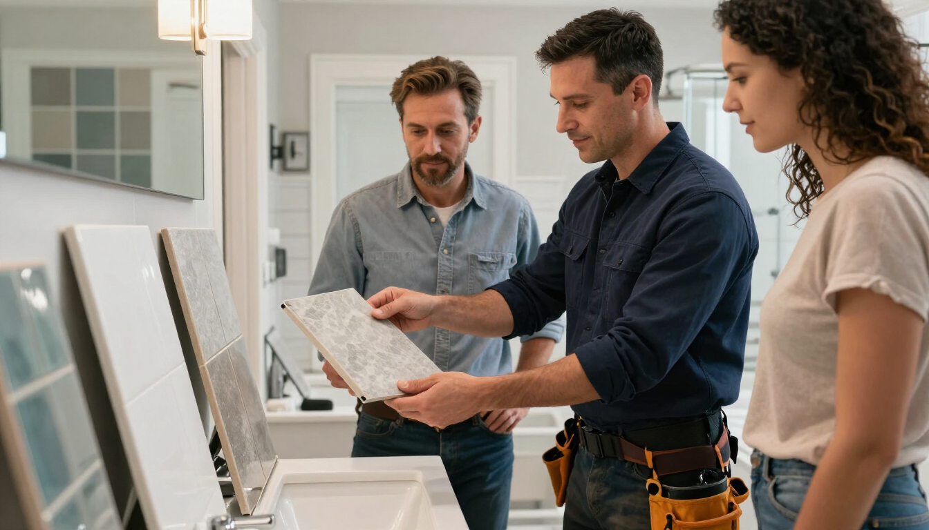 Contractor reviewing bathroom tile samples with homeowners