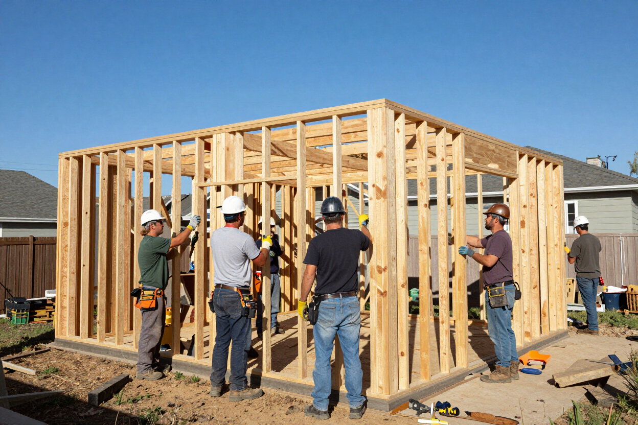 Contractor reviewing ADU plans with homeowners in their backyard