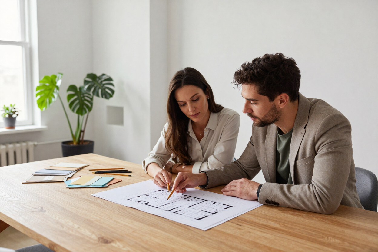 Designer reviewing floor plans with homeowners