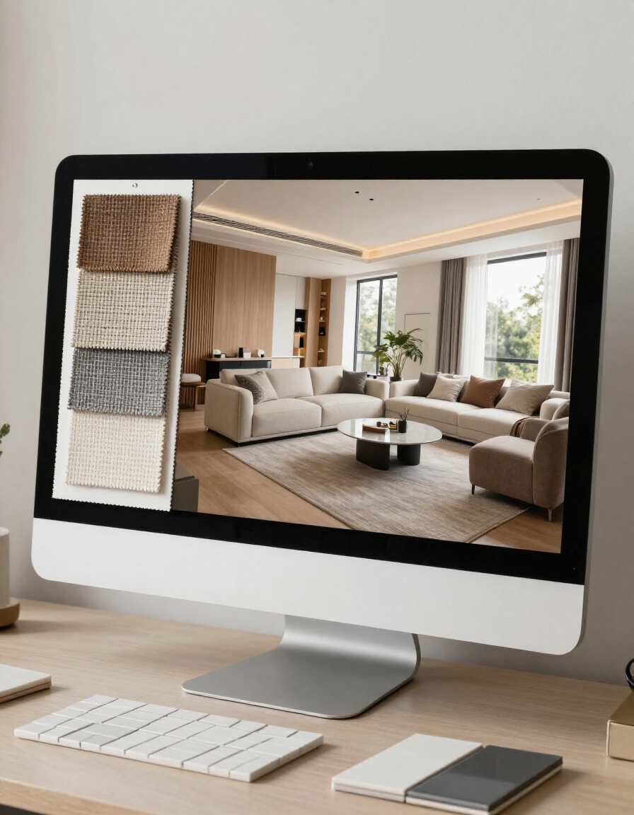Interior design rendering with material samples