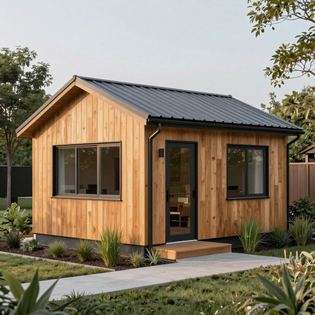 Small modern wooden cabin with black metal roof, windows, and a front porch in a landscaped yard
