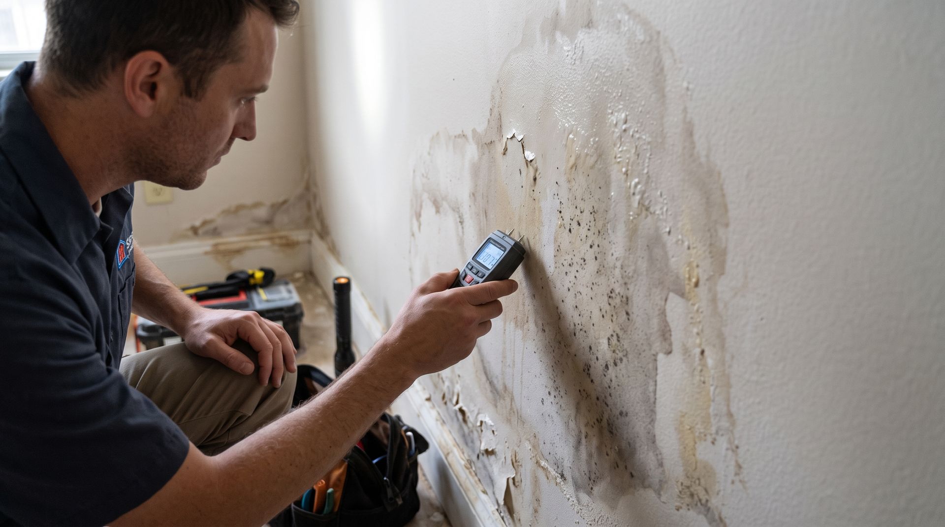 Technician checking moisture levels on a water damaged wall