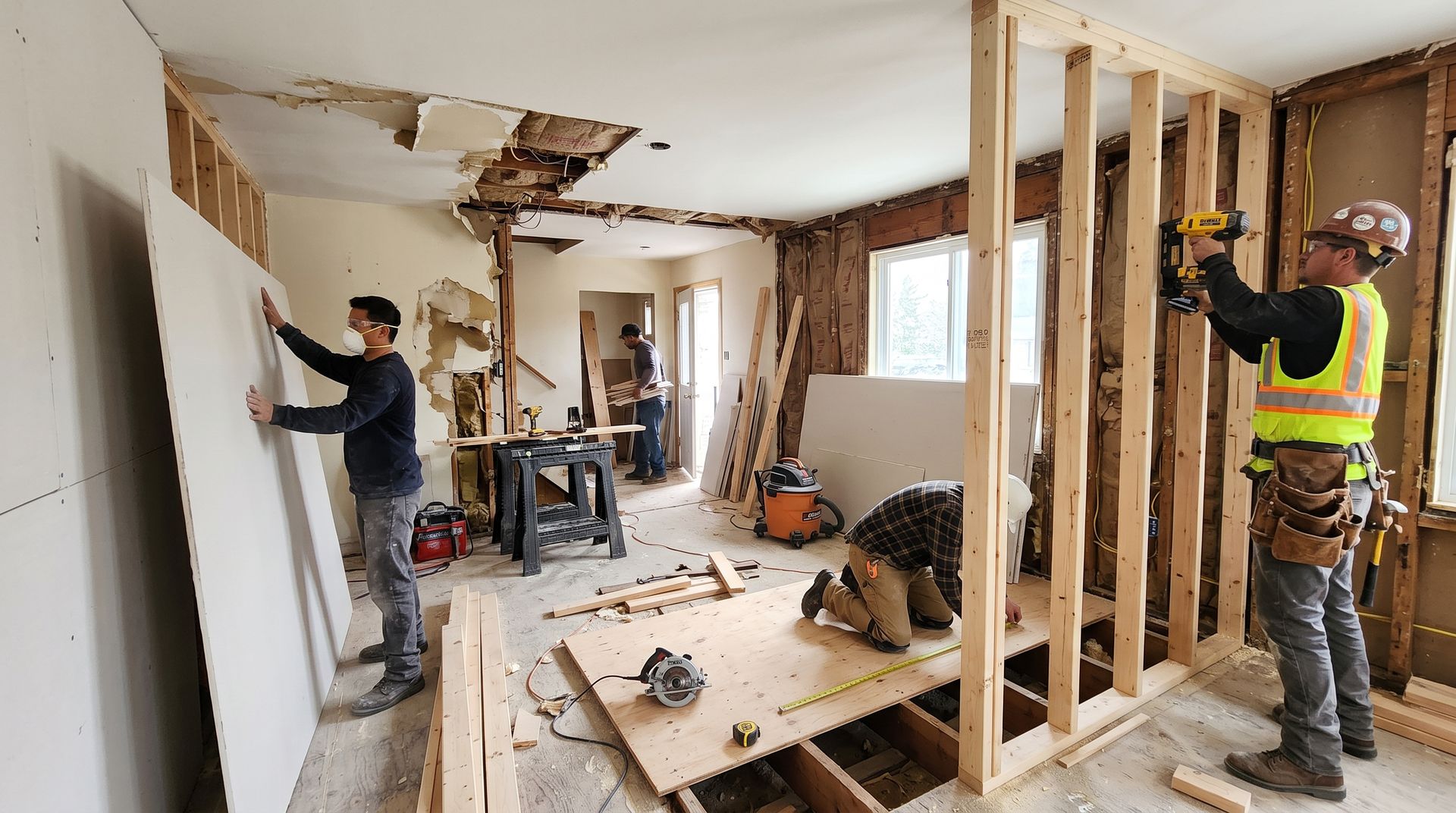 Workers renovating a room with exposed studs, debris, and tools; one drills while another measures.