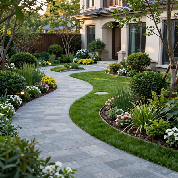 Curved stone walkway through a landscaped garden beside a house, with green grass, shrubs, and white flowers.
