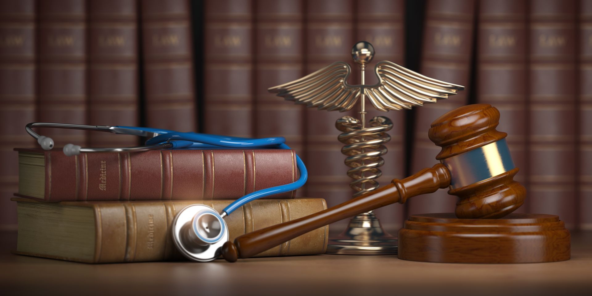 Gavel, stethoscope and caduceus sign on books background. Gavel, stethoscope and caduceus sign on books background.