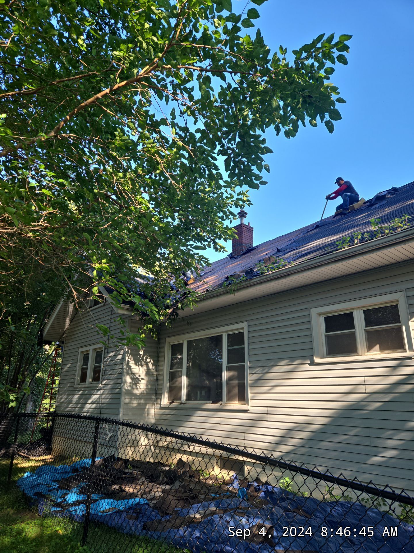 House with gray siding and blue tarp under a leafy tree; worker on roof near chimney.