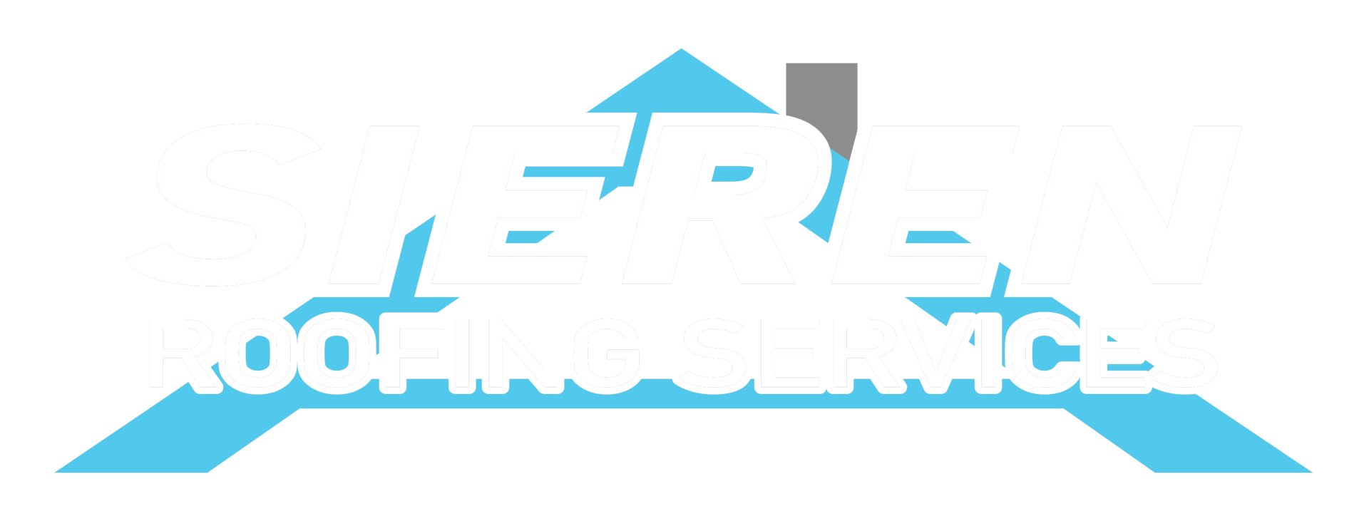 Light blue logo with a stylized roof and the words “Roofing Service” on white background