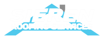 Light blue logo with a stylized roof and the words “Roofing Service” on white background