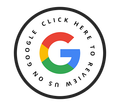 A google logo in a circle with the words `` click here to review us ''.