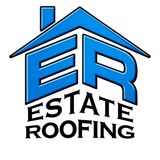 ER Estate Roofing logo with blue house roof and black text