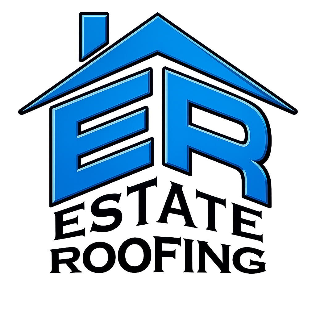 Estate Roofing logo with blue house roof and bold ER lettering