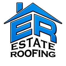 Estate Roofing logo with blue house roof and bold ER lettering