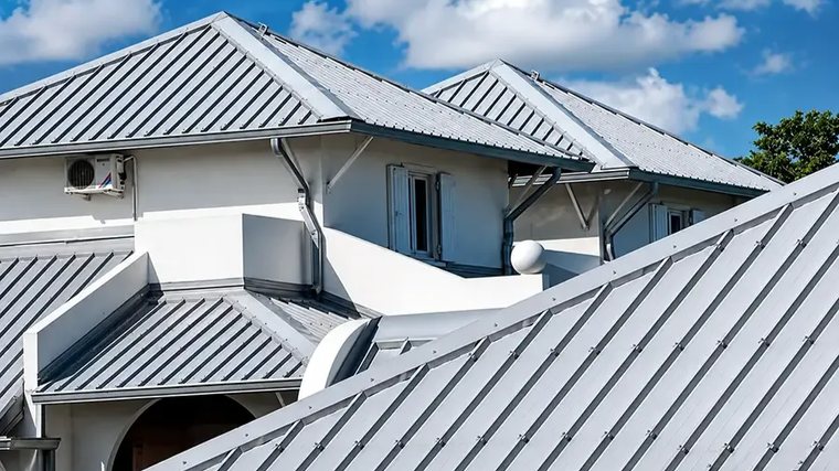 Modern house with gray metal roof under a blue sky