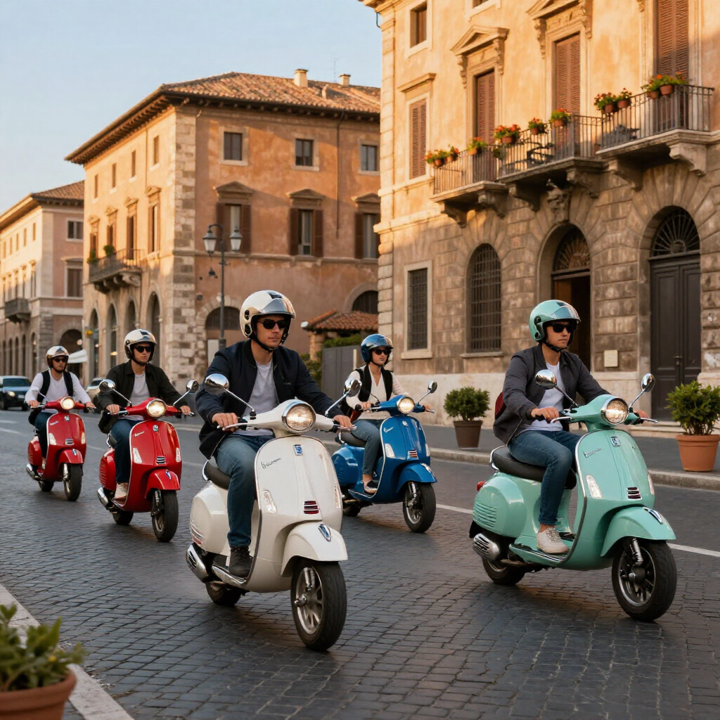 Scooter riders in helmets drive through a cobblestone street lined with historic buildings at sunset