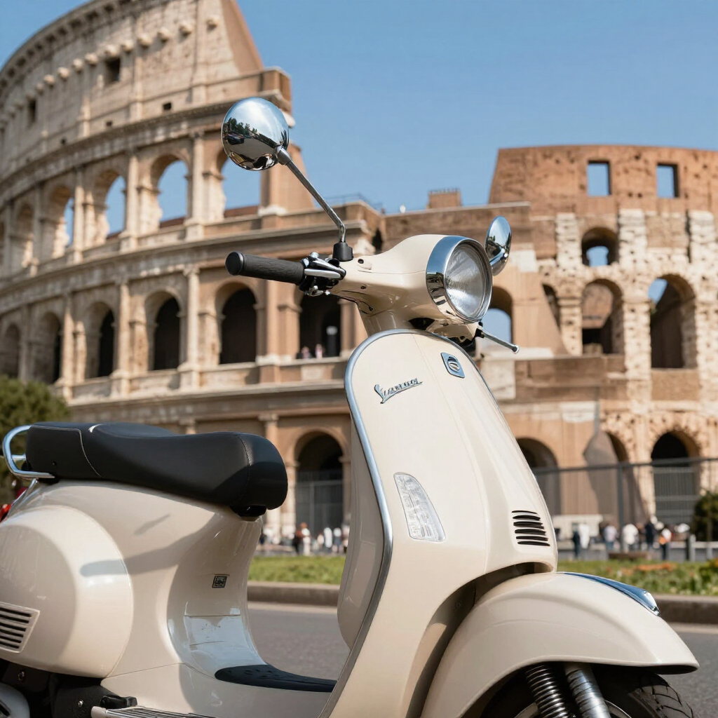 Cream scooter parked in front of the Colosseum in Rome, with the ancient amphitheater in the background