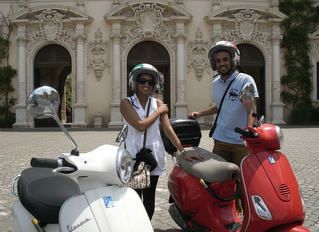 Two helmeted people on scooters in front of an ornate building with arched doorways