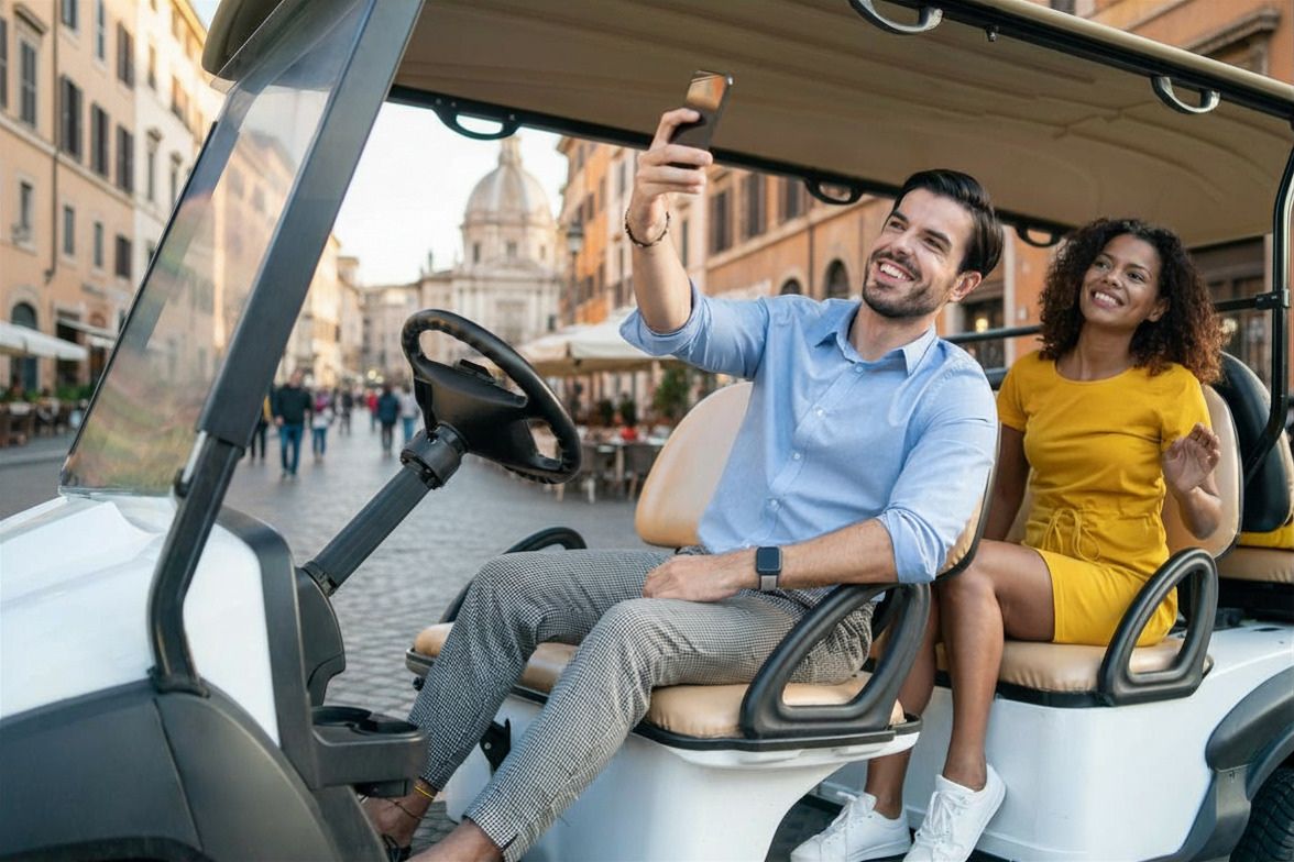 Two people smiling in a golf cart on a city street, one waving, with buildings and a bridge behind them.