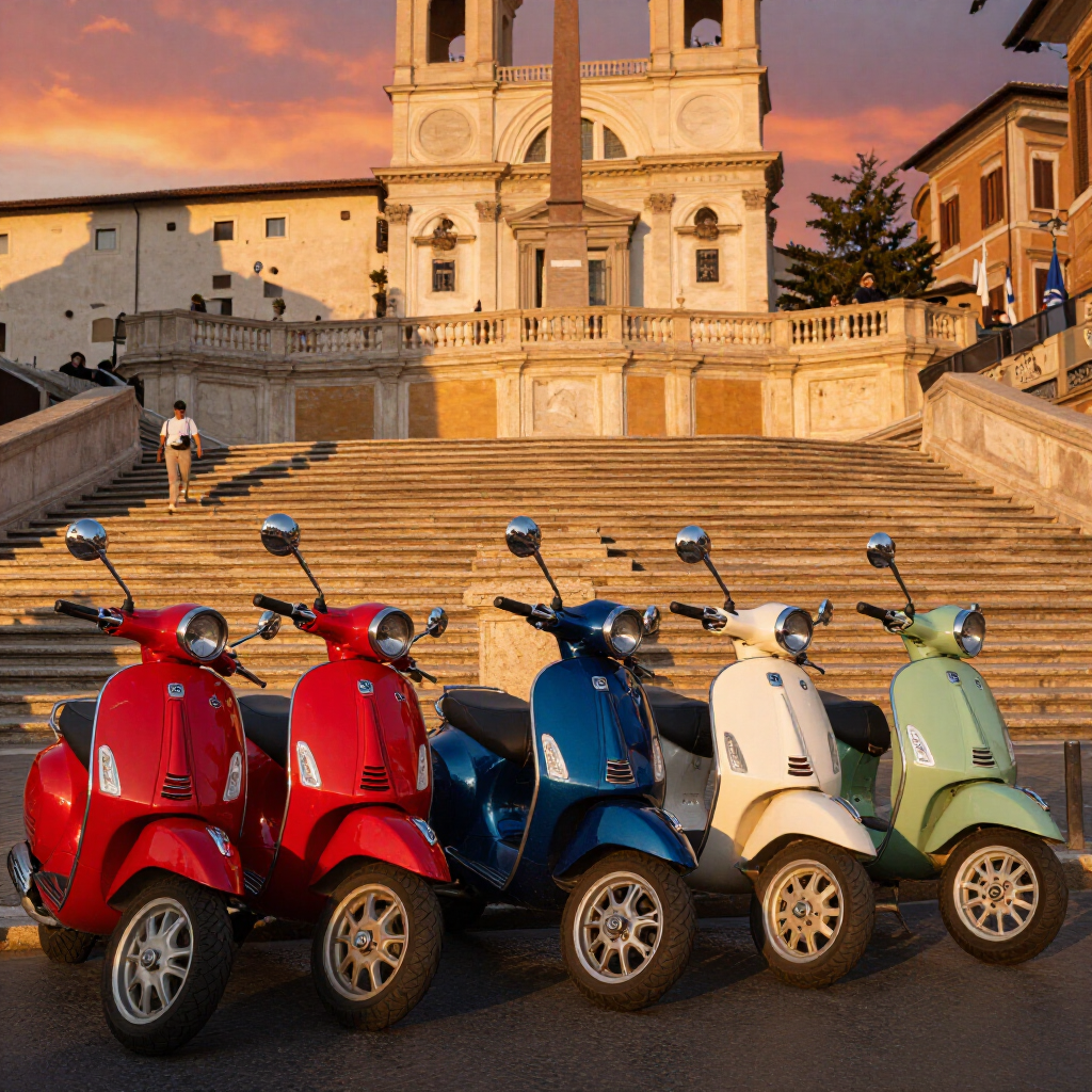 Five parked scooters in red, blue, white, and green before a grand stairway and historic building.