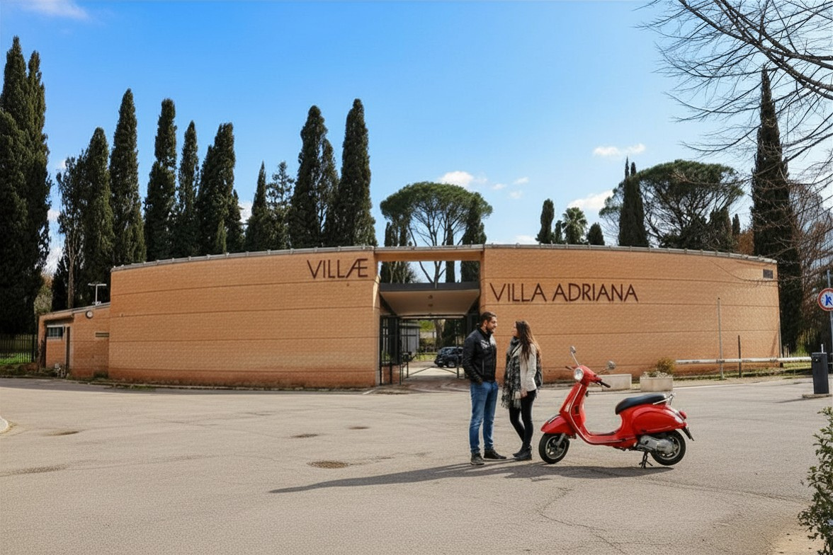 Villa Adriana entrance with two people and a red scooter in front of a tan wall and trees