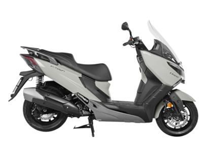 Silver and black scooter side view on a white background