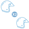 Two outlined blue hockey helmets with “x2” between them on a white background