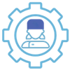 Blue gear icon with a person at a laptop and magnifying glass, suggesting tech support or search.