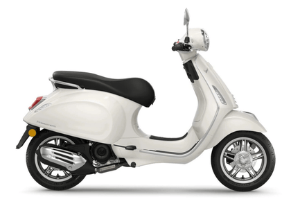 White vintage-style scooter with black seat, shown in side view on a white background