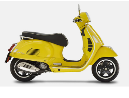 Yellow Vespa-style scooter with black seat, shown in side view on a white background