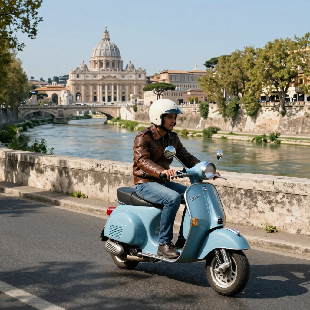 Blue scooter on a riverside road with St. Peter’s Basilica in the background