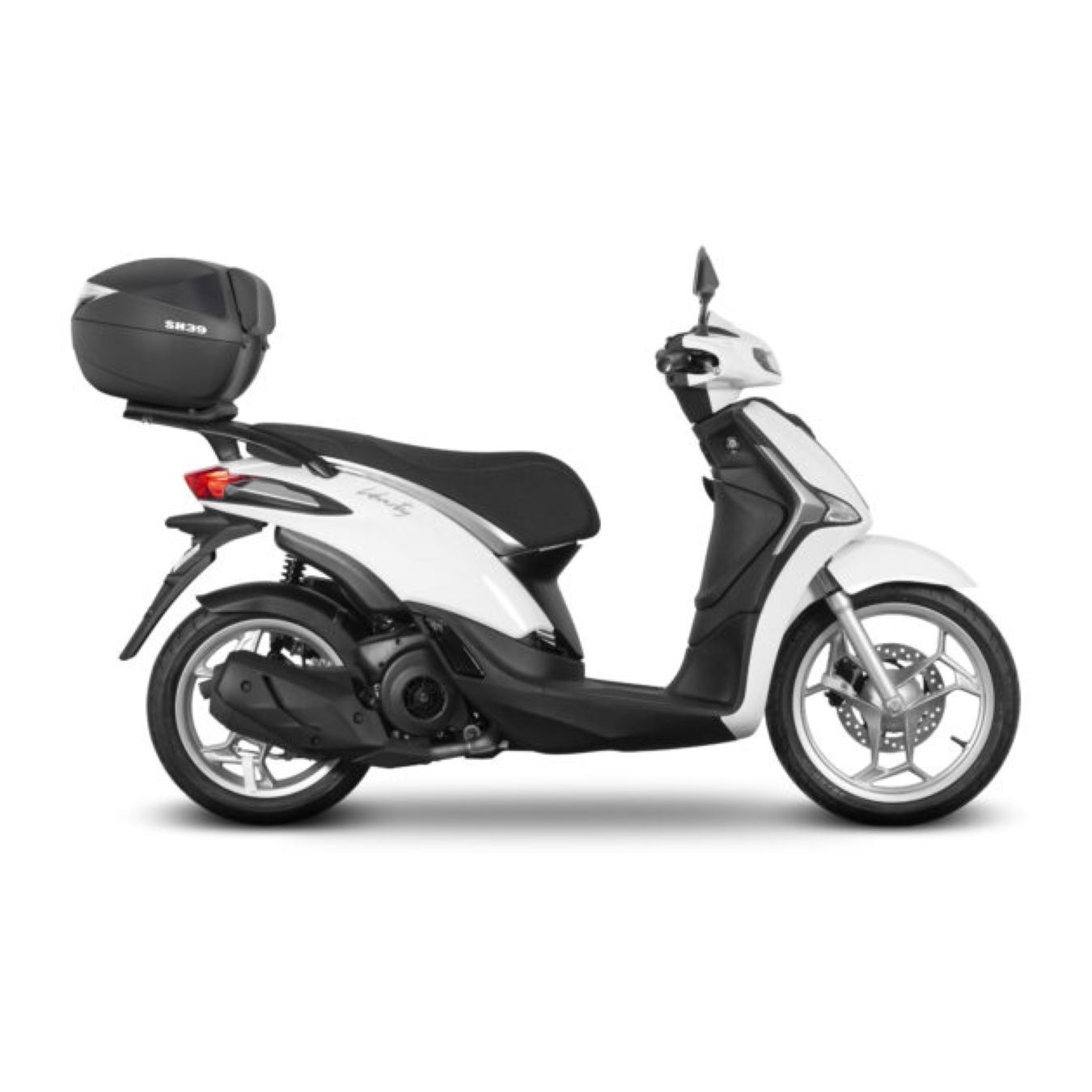 White and black scooter with rear cargo box, side view on a white background