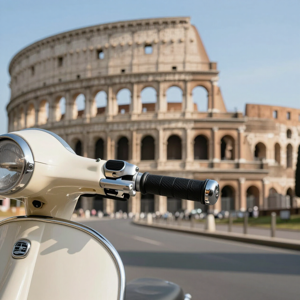 White scooter in foreground with the Colosseum in Rome blurred behind it.