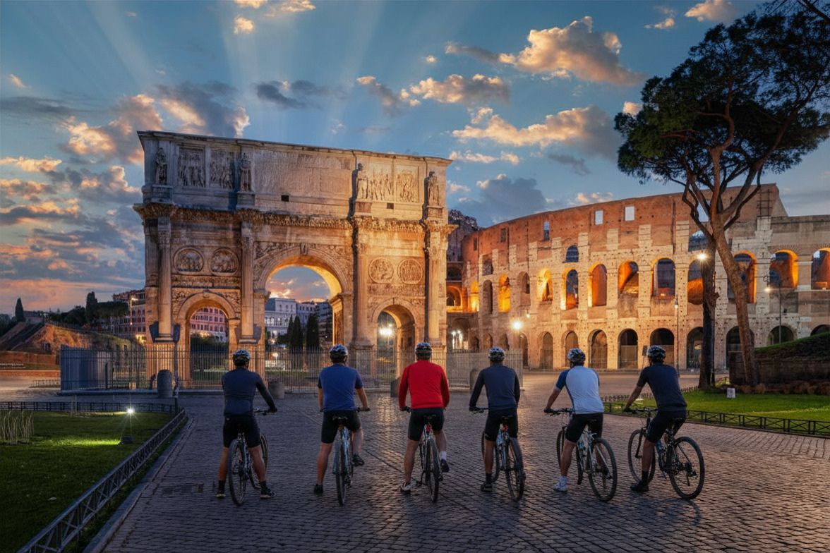 Cyclists ride toward the Arch of Constantine and Colosseum at sunset in Rome.