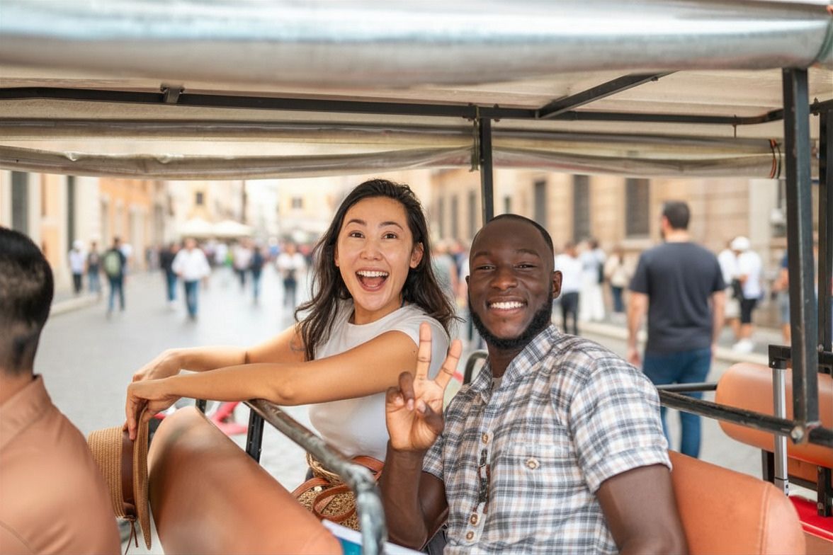 Two smiling friends on an open-air tram, waving in a busy outdoor market.