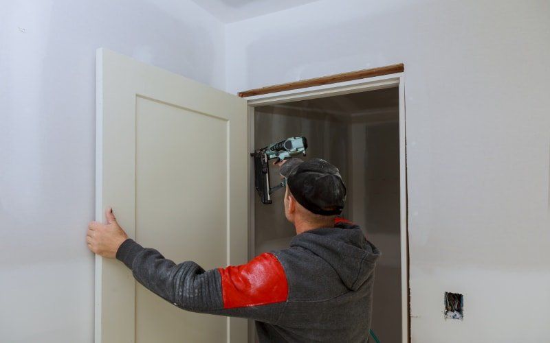 home remodeling carpenter working on door installation with drill power tool, installing hinges.