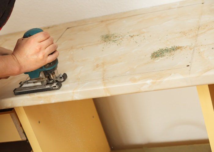 custom kitchen countertop being created and sanded by our carpentry team in Arlington Heights, IL.