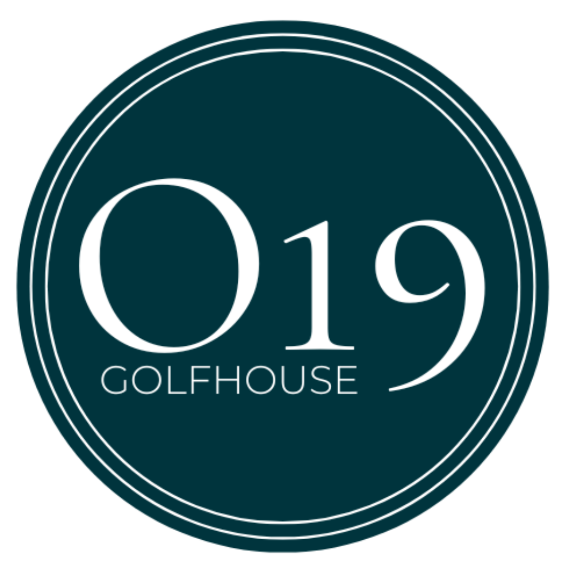O19 Golfhouse logo in white on a dark teal circular background with double border